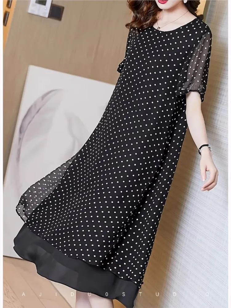 

2026 A-line Dress Summer Vestido Dresses Woman Casual Simple Style Temperament Chiffon Polka Dots Short Sleeves Casual All-match