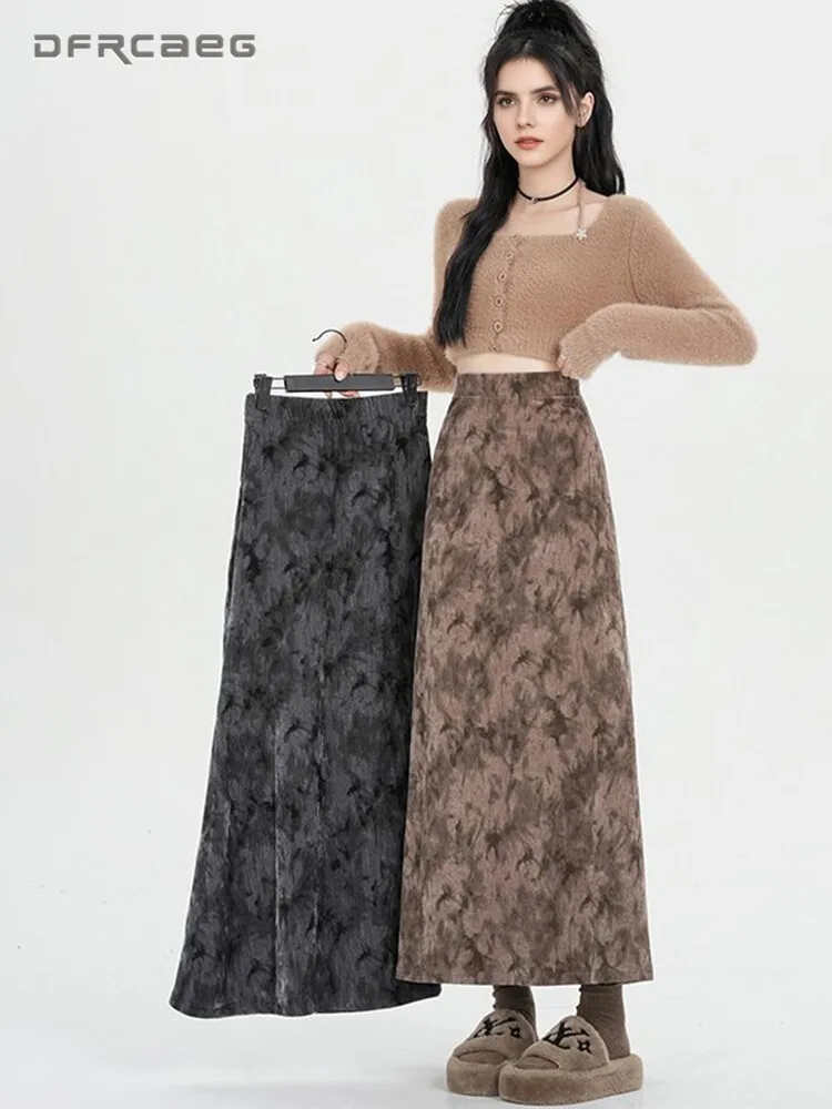 

Korean Style Vintage Tie-Dye Velvet Fishtail Skirt For Women High Waisted Winter Velour Trumpet Skirts Long Lady
