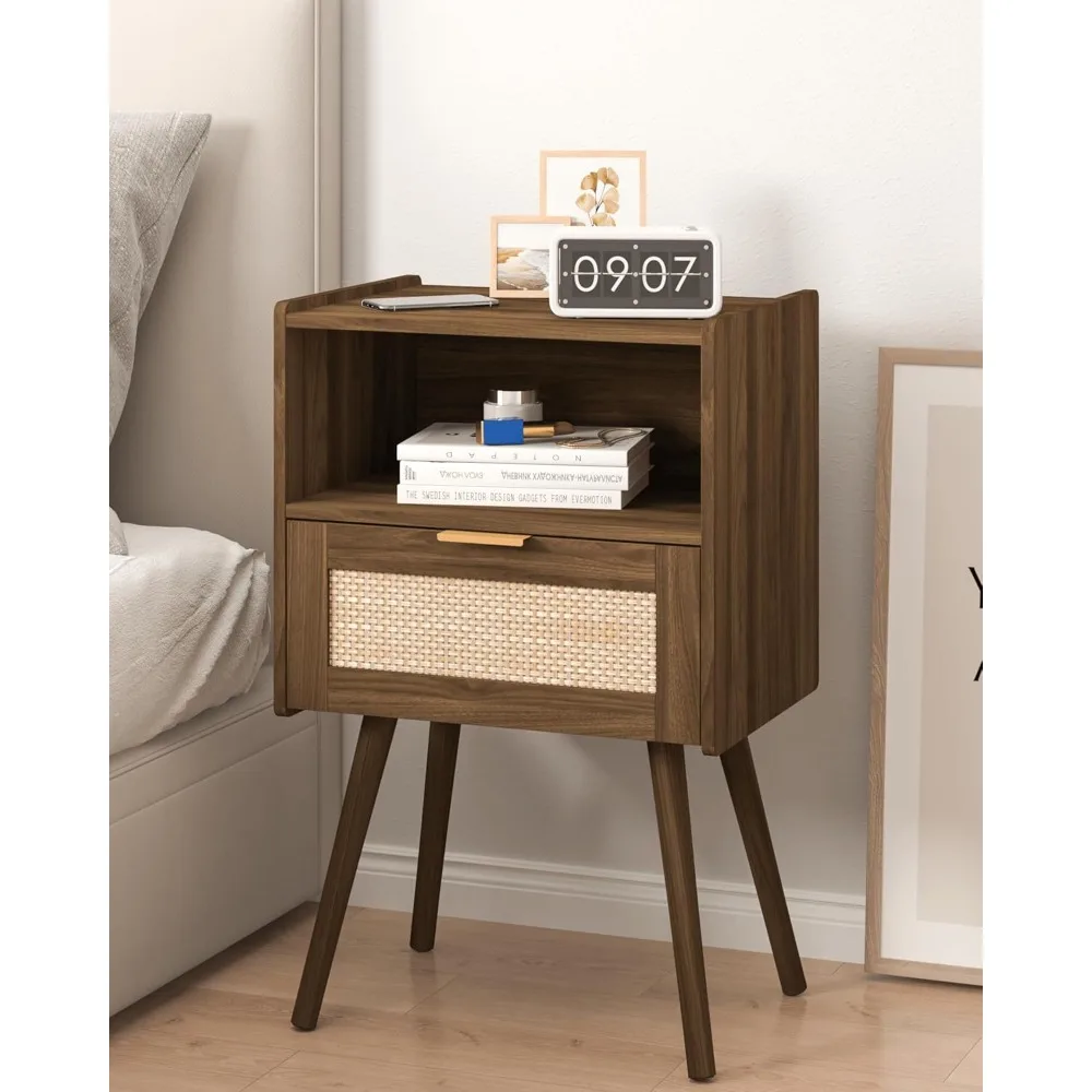 Rattan Nightstand with Solid Wood Legs,Bedside Table with Storage Drawer and Open Wood Shelf, for Living Room, Bedroom