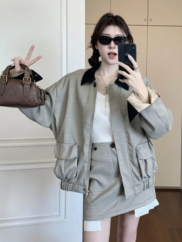 

Retro Plaid Color Block Loose Workwear Jacket Outerwear High Waist Bodycon Skirt Two Piece Set Autumn Fashion Women's En...