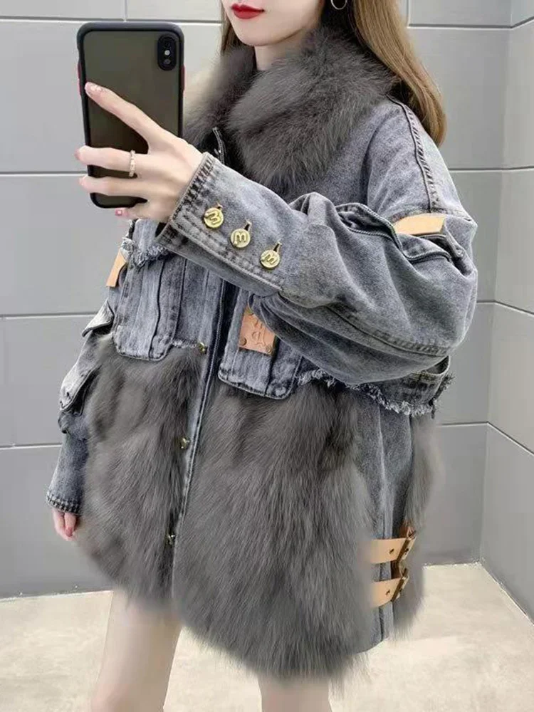 Faux Fox Fur Winter Warm Bomber Women\'s Winter Jacket Coat Female Jeans Jacket Basic Ladies Top Windbreaker Denim Jackets