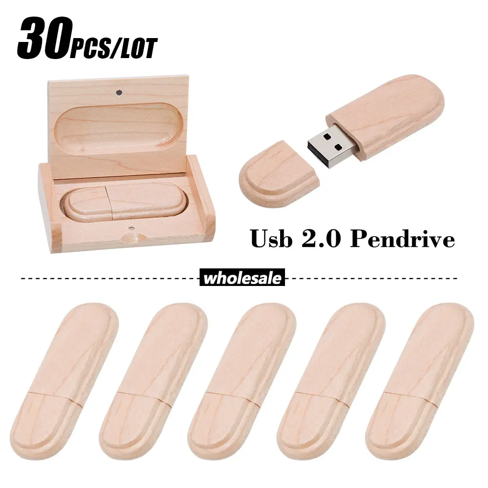 30pcs Free Logo Wooden With Gift Box USB 2.0 Flash Drive Real Capacity Pendrive Photography Memory Stick 64GB/32GB/16G/8G U Disk