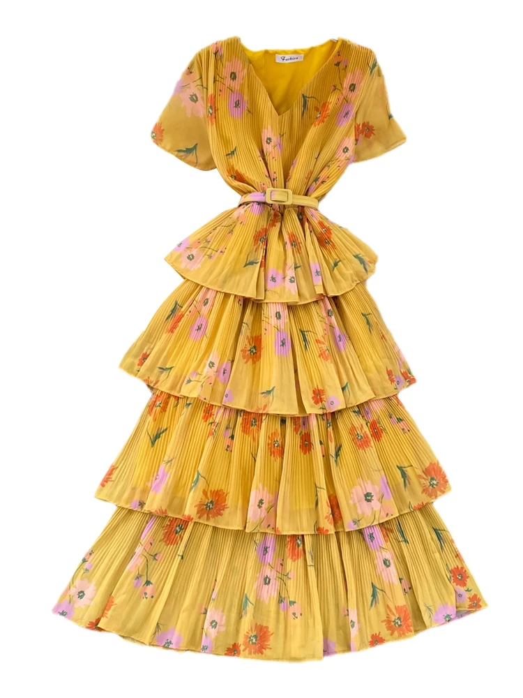 Vestido Longo de Verão com Manga Curta, Decote em V, Saia em Camadas Floral, Estilo Coreano, Alta Cintura, Psado, para Fér...