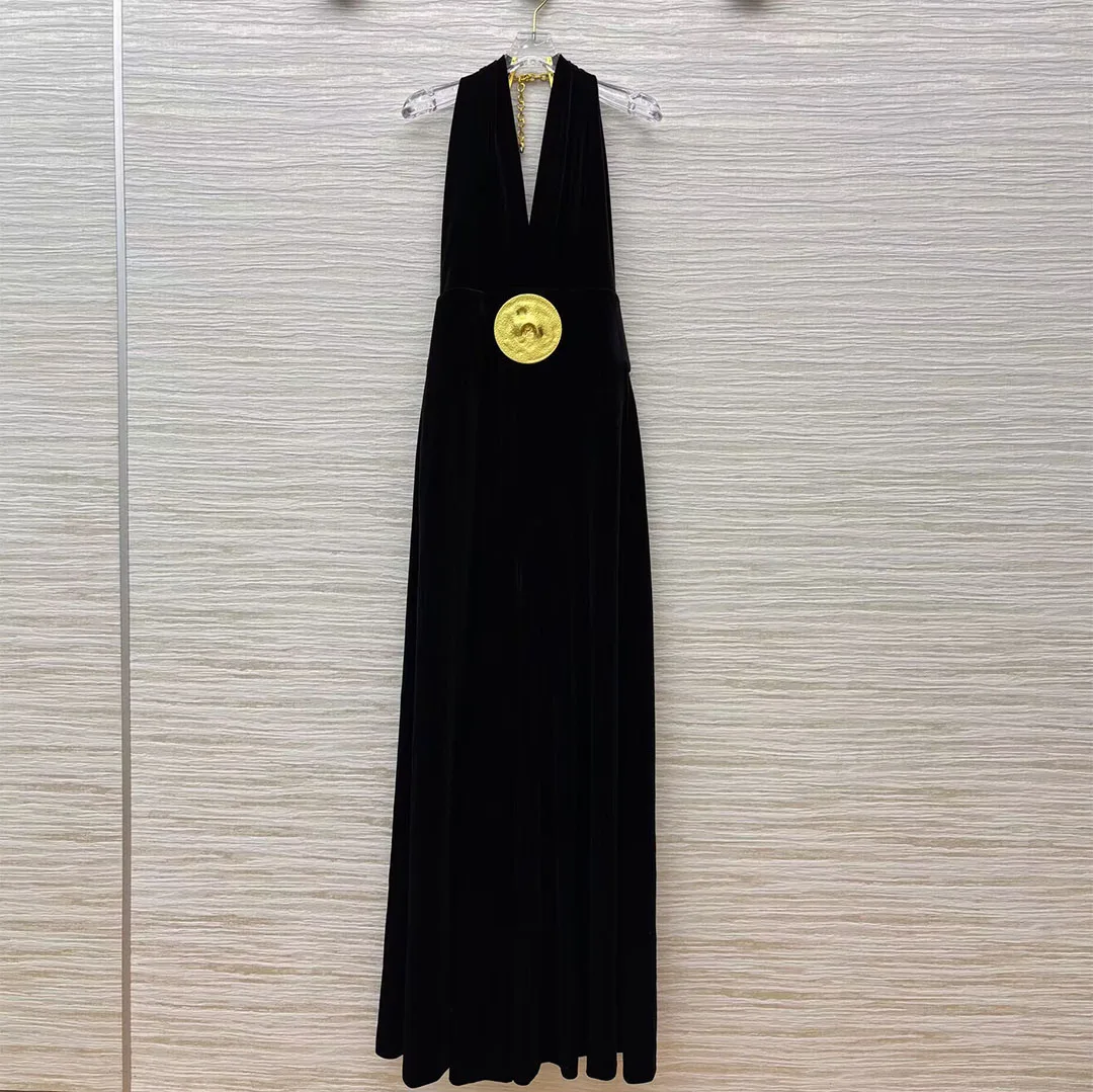 

Luxury Golden Buckle Chain Neck Hanging Floor Length Velvet Jumpsuit Women Sexy Deep V-neck Sleeveless Backless Party Overalls