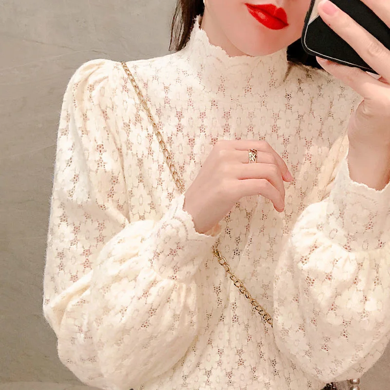 

Elegant Sexy Half High Collar Lace Hollow Basic T Shirt Women's Autumn Winter Plush Warm Long Sleeve Solid Ladies Tops Clothing