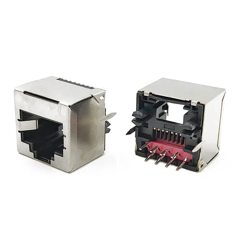 Short body straight-insert RJ45 network interface with shielded cover, 8P8C flat pins, 180-degree PCB plug-in, DIP network port