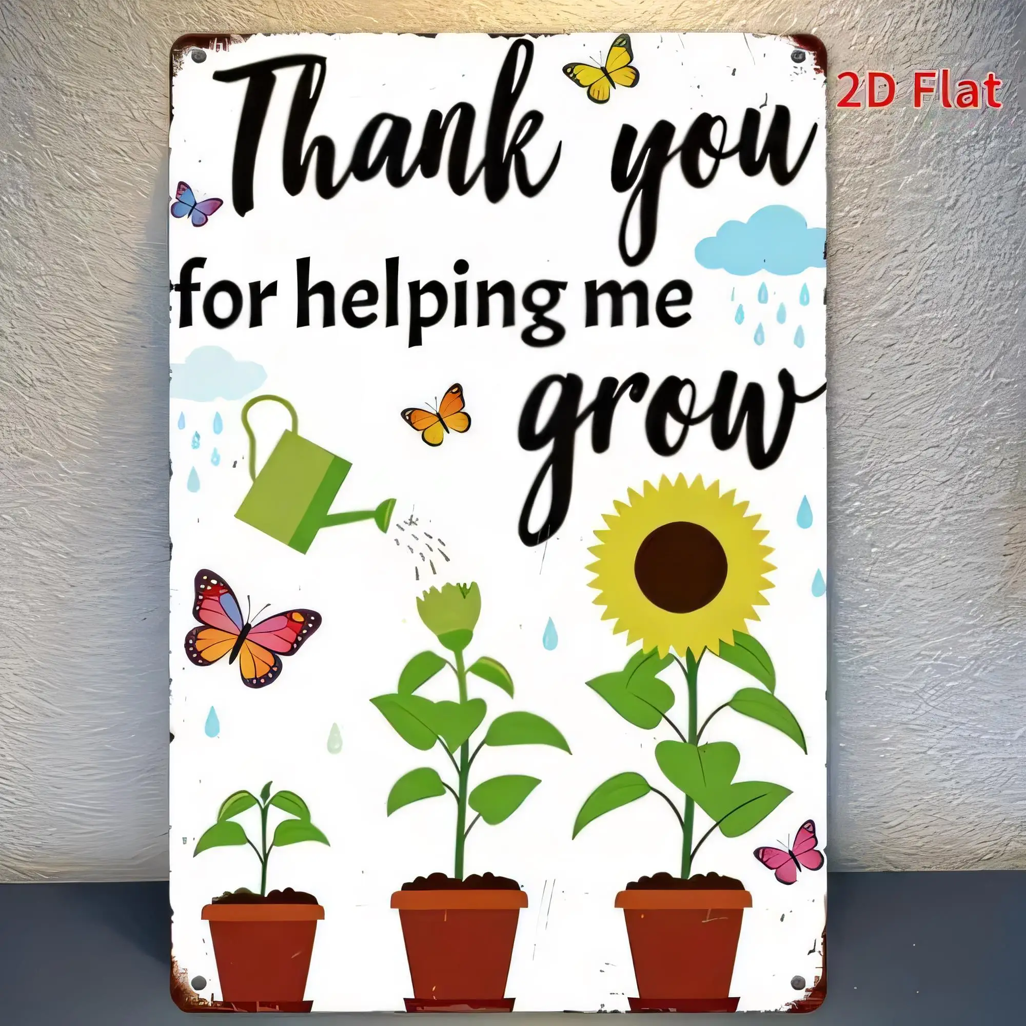 Tin Sign “Thank You for Helping Me Grow”  Vintage Metal Poster Wall Art with Flowers Sun Butterflies Garden Plant Decor for Home