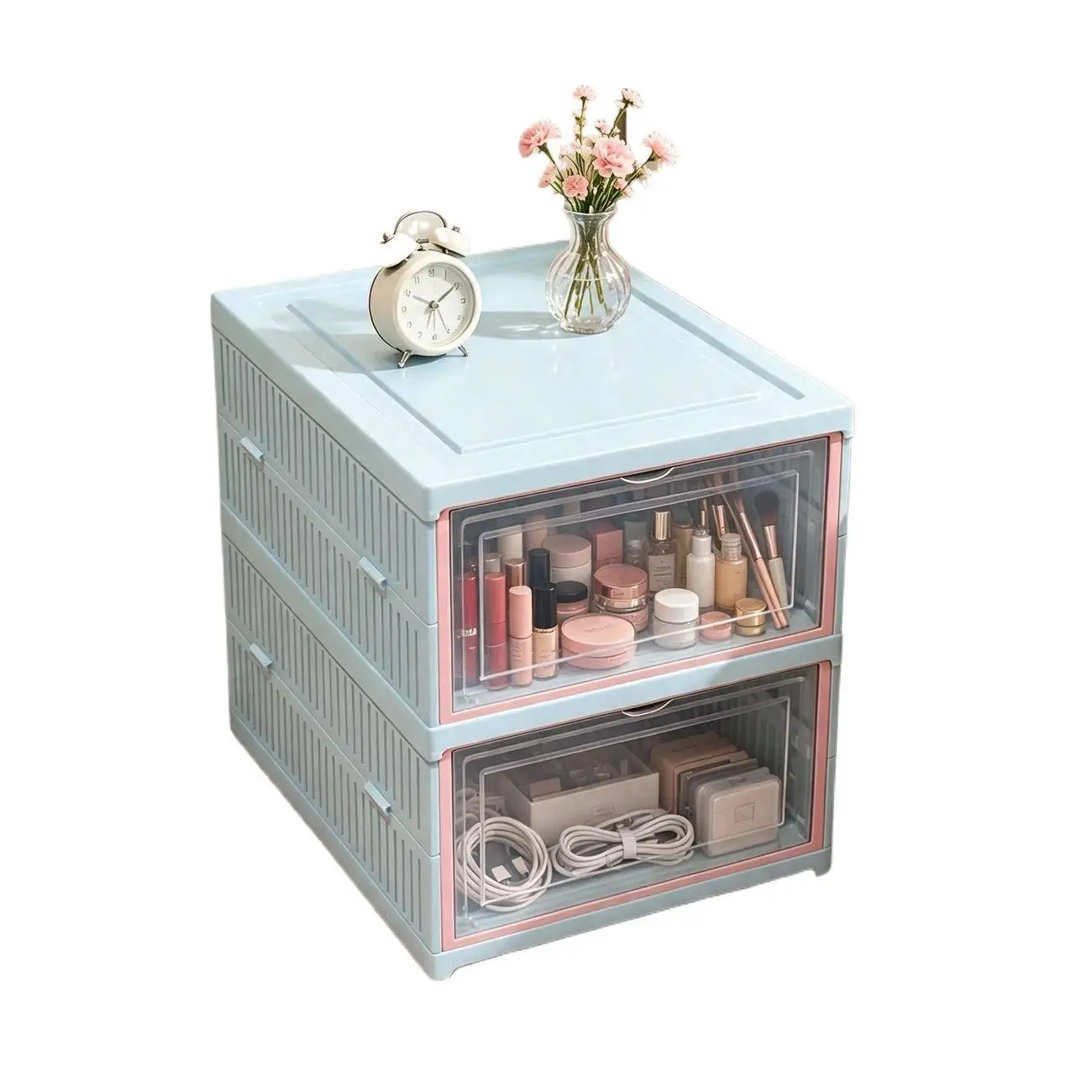 Blue pink transparent foldable bedside storage cabinet nightstand, bedside storage cabinet no need to install bedroom bedside