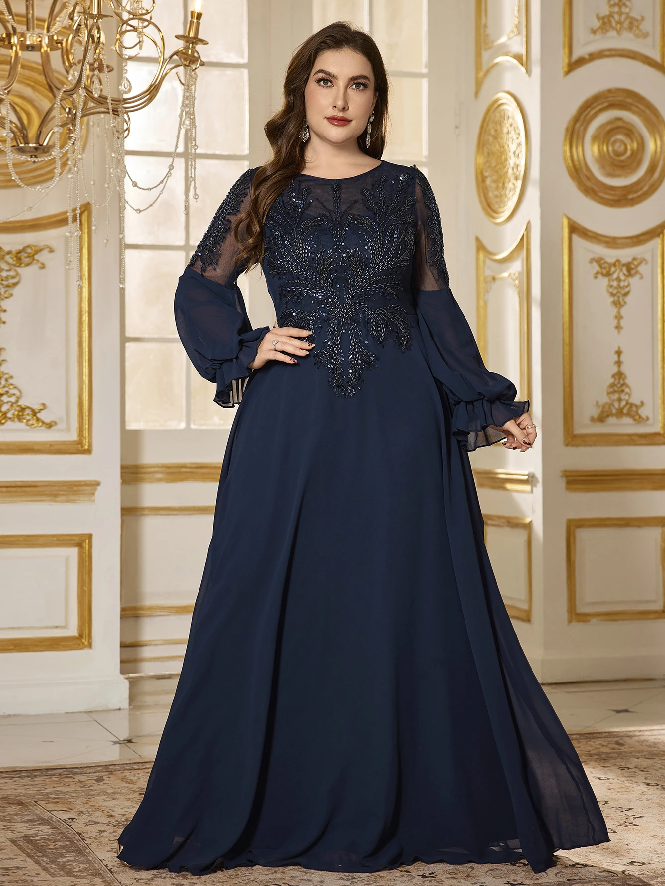 

UNITHORSE Plus Women's O-Neck Lantern Sleeve Luxury Bead Sequin Stitching Chiffon Formal Evening Dress