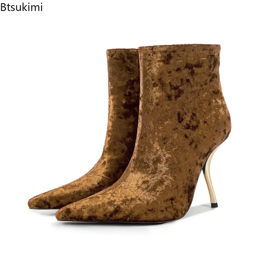 Women's Sexy Gold Velvet Ankle Boots Pointed Toe Stiletto Heel Elegant Dress Booties for Autumn Winter Date Night Party Shoes