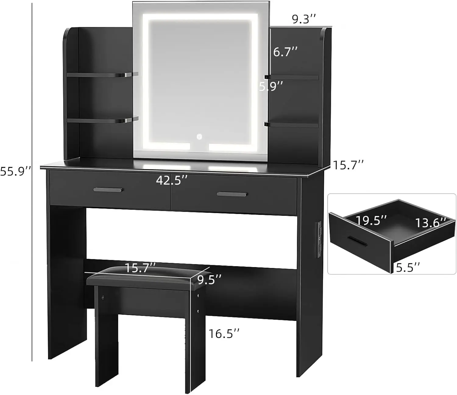 Vanity with Lighted Mirror, Makeup Vanity Desk with Power Outlet, 3 Color Light Options Adjustable Brightness, Black