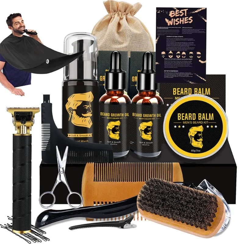 Beard Care Set Beard Double Sided Comb Brush Shaving Set Apron Styling Comb Roller Growth Liquid