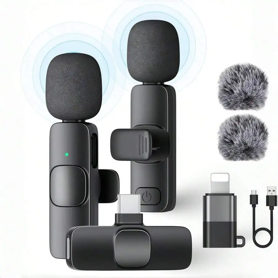 

Wireless Lavalier Microphone For iPhone Android USB-C Lightning Noise Cancelling Clip Mic 65ft Range 12H Battery