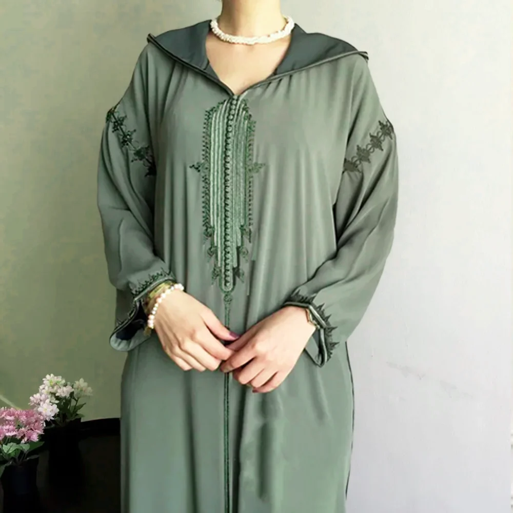 

Caftan Marocain Femme Islam Robe Muslim Women's Arab Embroidered Loose Hooded Jilbab Green Arabic Dress Turkiye Abaya Dubai New