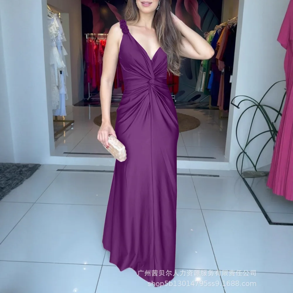 عميق الخامس الرقبة مضفر الأشرطة تويست الجبهة Cinched الخصر مساء فستان عادية زيبر الظهر حورية البحر هيم الساتان فستان ماكسي #1