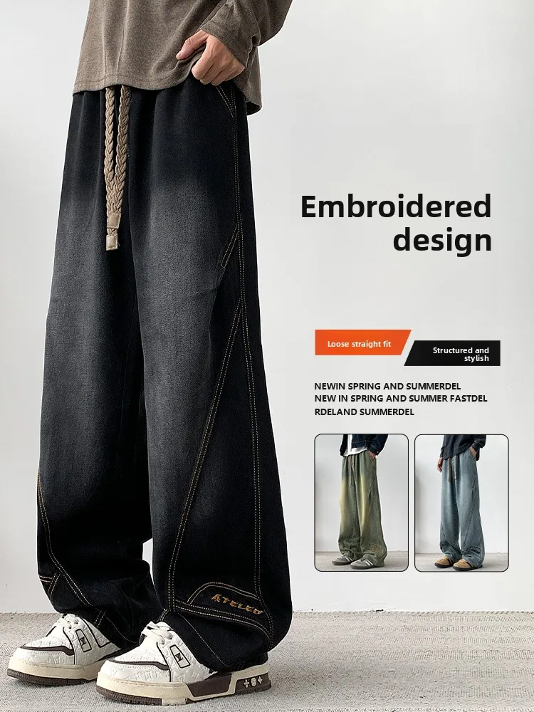 

Casual Straight Leg Men's Jeans Spring Summer New American Sle Large Size Wide Leg Pants with Embroidery And Knife