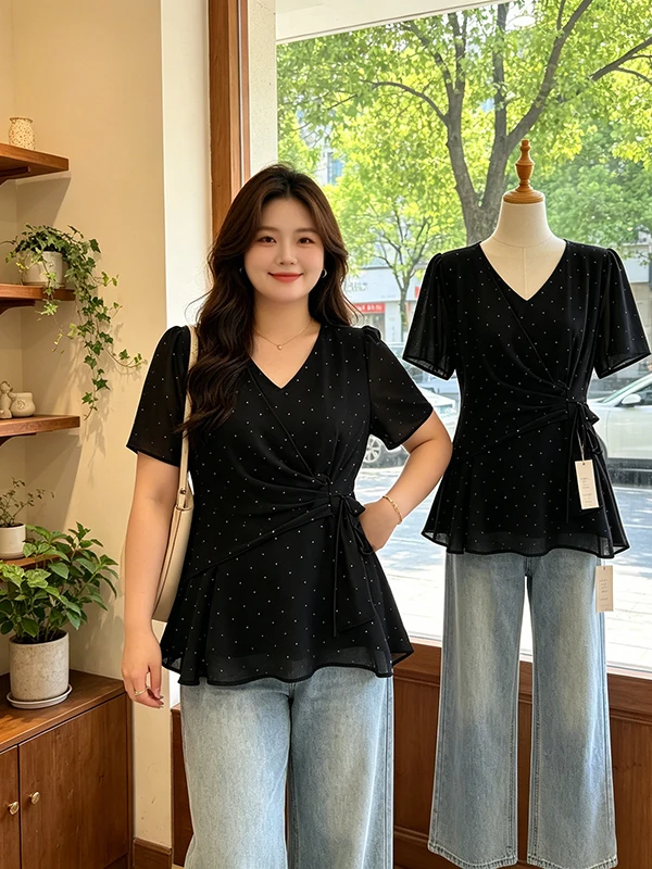 

plus Size Women's Summer 2026 New Style V-Neck Polka Dot Oversized Loose Slimming Top Casual Fashion Chiffon Blouse