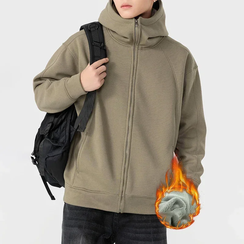 

New Jackets Coats Men Fleece Fashion Grey Green Sweat Coat Man Daily Popular Splicing Zipper Clothing Male