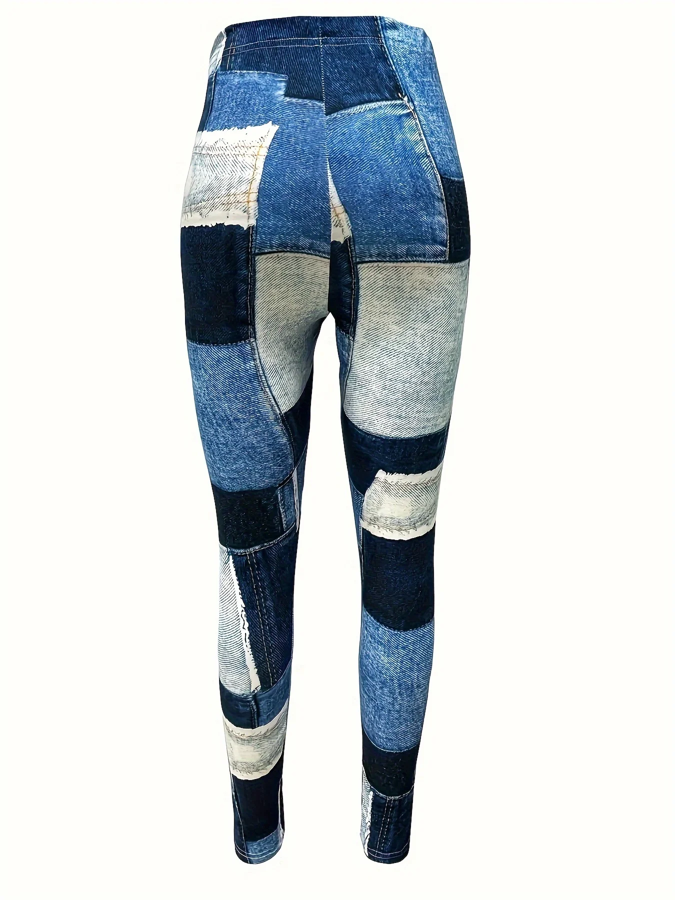 Women's Mid‑Rise Fleece Lined Leggings Denim Patchwork Spliced Print Stretch Slim Warm Ladies Casual Pants