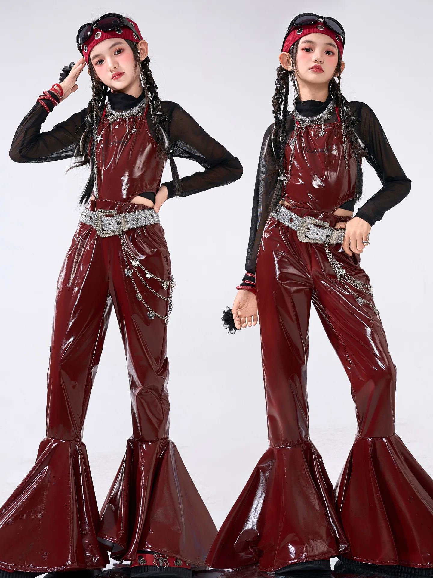 

Kid Kpop Hip Hop Clothing Red Faux Leather Tank Top Black Mesh Tee Street Slim Flare Pants for Girl Jazz Dance Costumes Clothes