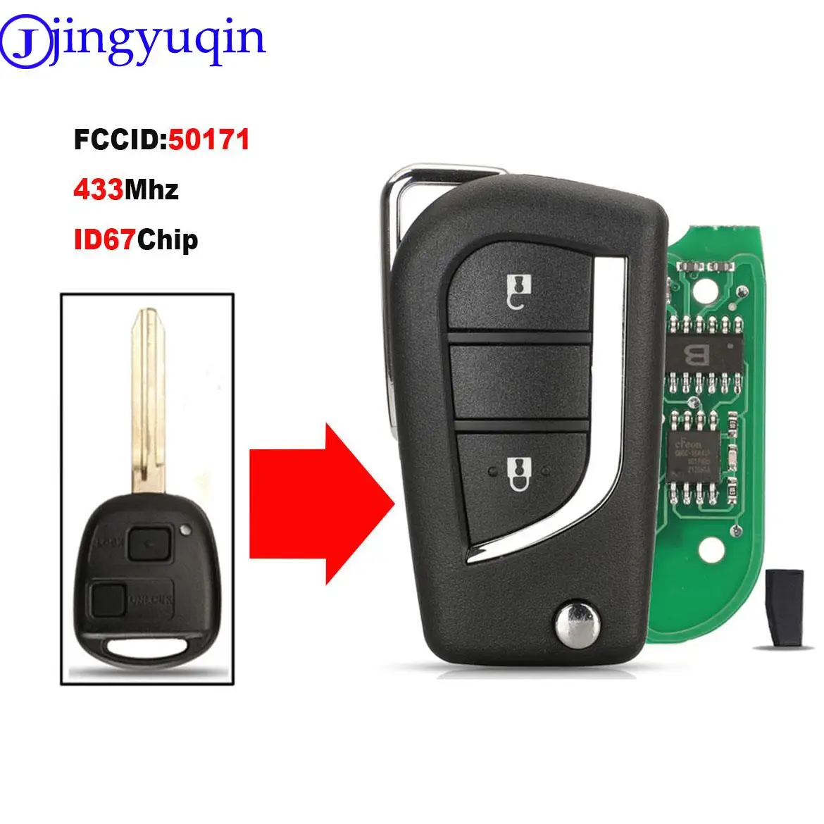 jingyuqin Modified Flip 2 Buttons Remote Key Fob 433MHz 4D67 Chip For Toyota Prado 120 RAV4 Kluger FCC ID: 50171