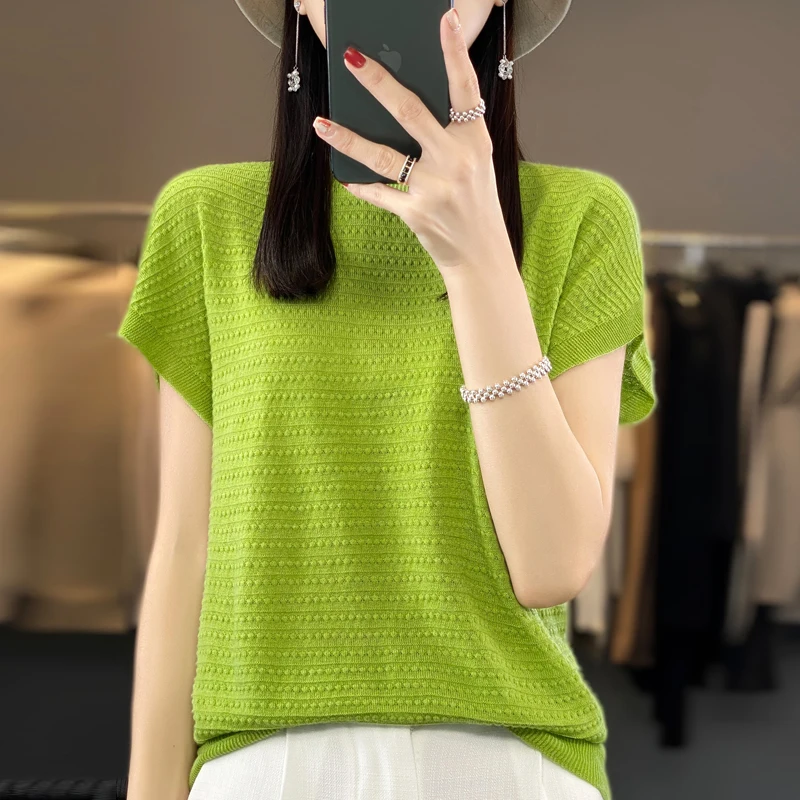 2024 New Women\'s Cashmere O-neck Pullover Spring/Summer Pullover Short sleeved Lightweight Comfortable Top