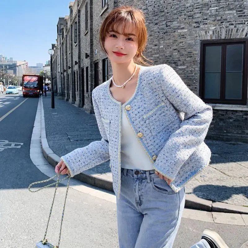Autumn New Light Blue Coarse Woolen Exquisite Short Style Fragrant Jacket Women Coats
