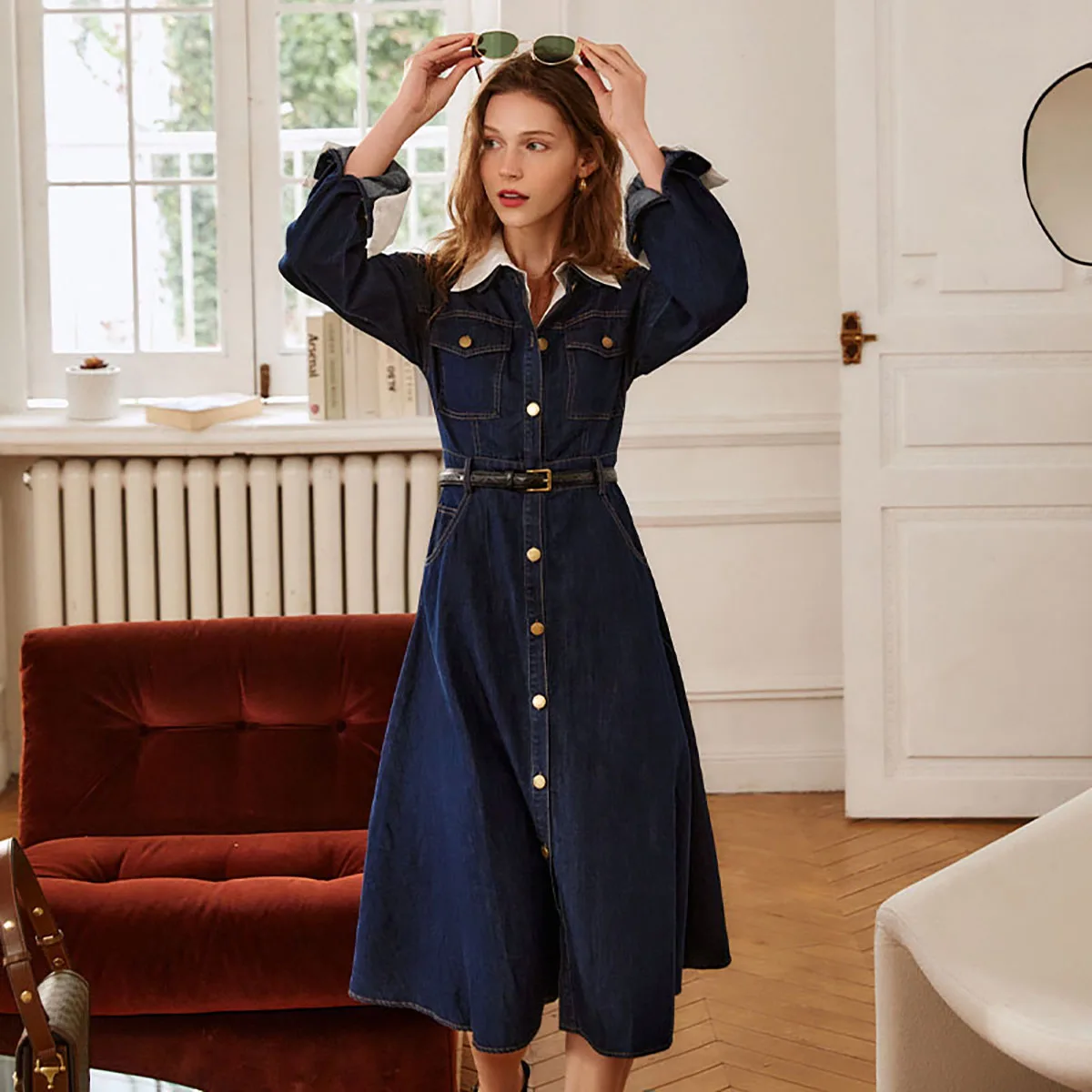 

OLrain Dark Blue Denim Dresses Women Spring Commut Cotton Patchwork 2 In 1 Retro Streetwear Lapel Long Sleeve Dress O22CL58133