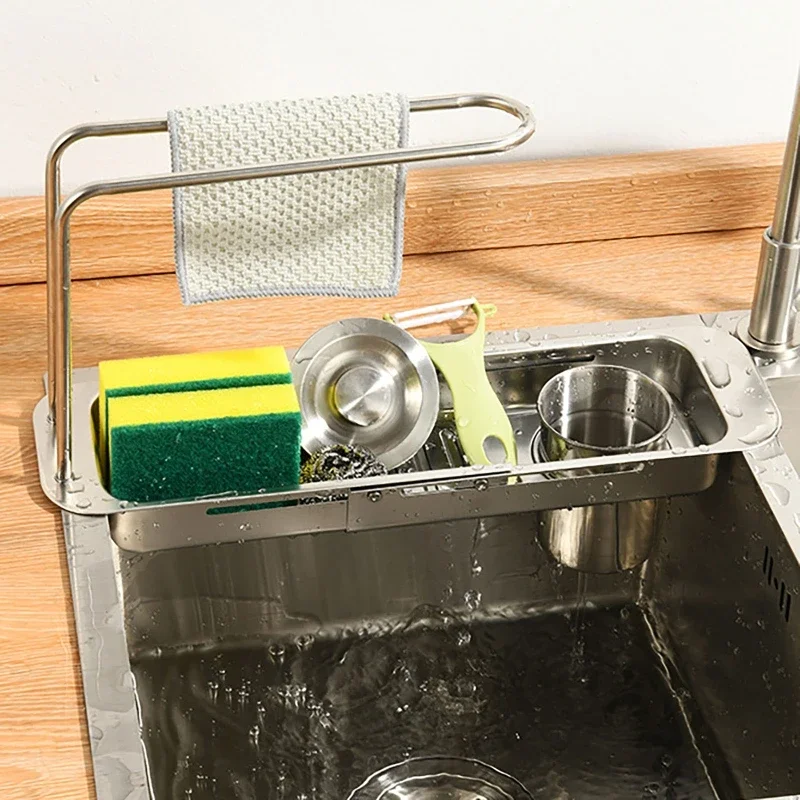 

Кухонная телескопическая полка для хранения, регулируемая длина, органайзер для раковины из нержавеющей стали, полка для полотенец, губка, полка для посуды