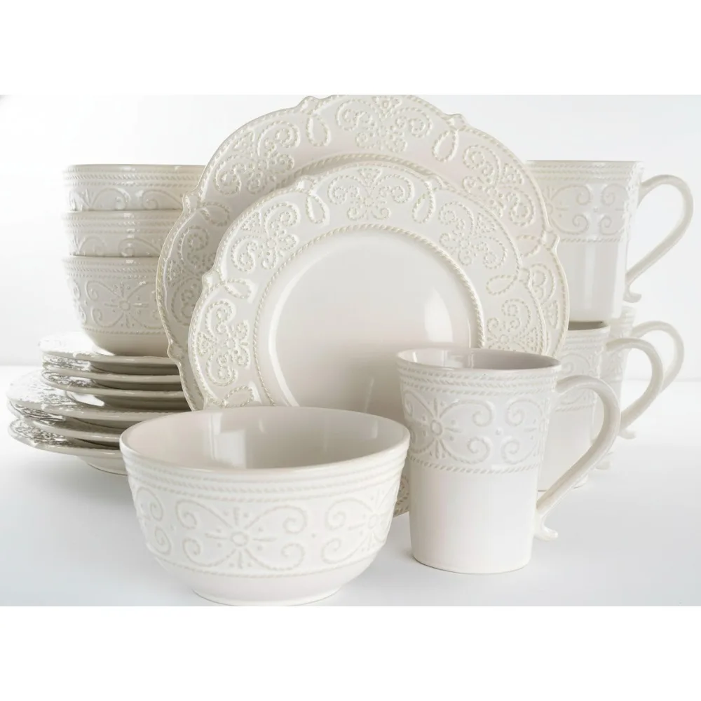 

Scallop Embossed Stoneware Dinnerware Set, 16-Piece Round Dish Set for Family Dining & Entertaining