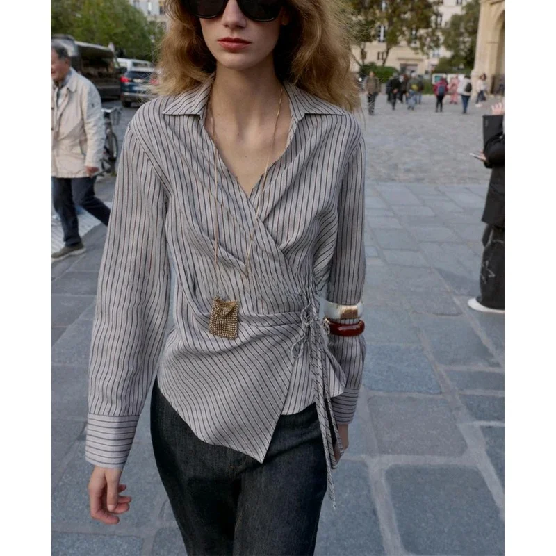 Autumn Winter New Arrival Women's Commute Sle Long Sve Double Breasted Striped  Knot irt Top Polyester Fiber