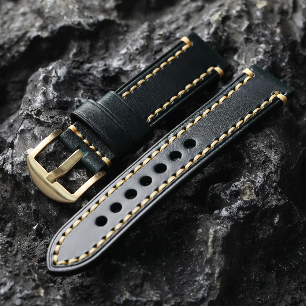 Handmade Italian Oil Waxed Leather Strap 20 22 24MM Bronze Watch Bracelet Vintage Style Brass Clasp Handmade Thickened Watchband