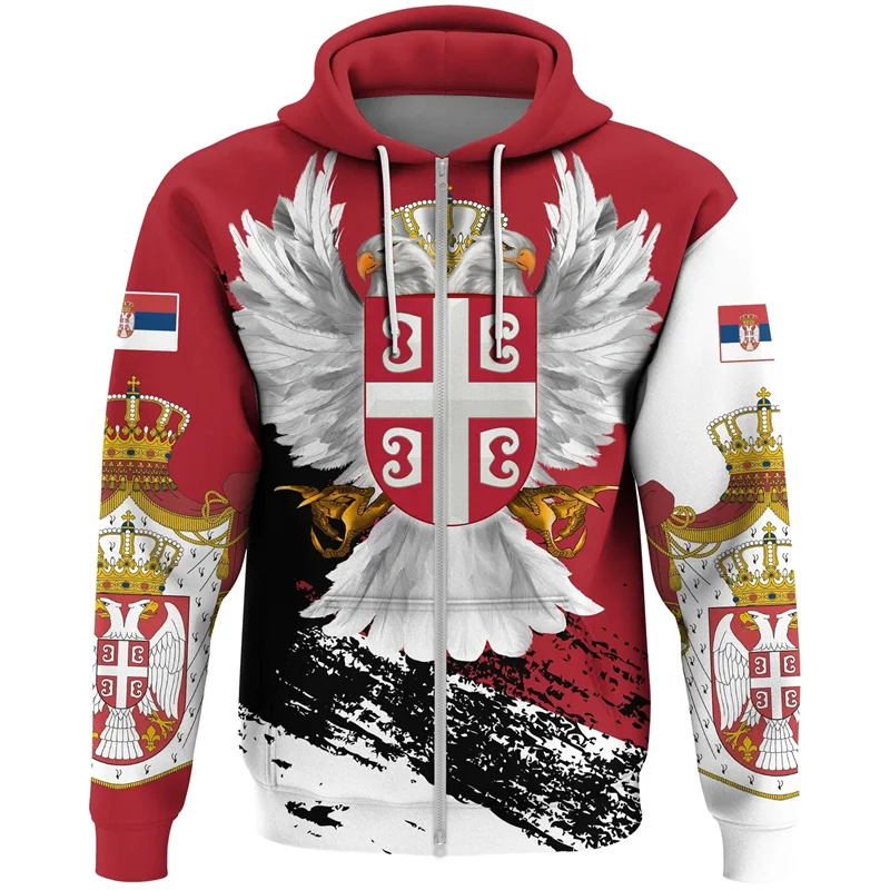 3D Printed Serbia Flag Zipper Pullovers For Men Serbian National Emblem Pattern Sweatshirts Fashion Casual Street Tops Hoodies