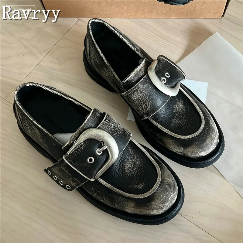 

Vintage Design Washed Black Leather Loafers Men's and Women's Silver Buckle Decor Slip On Casual Derby Shoes