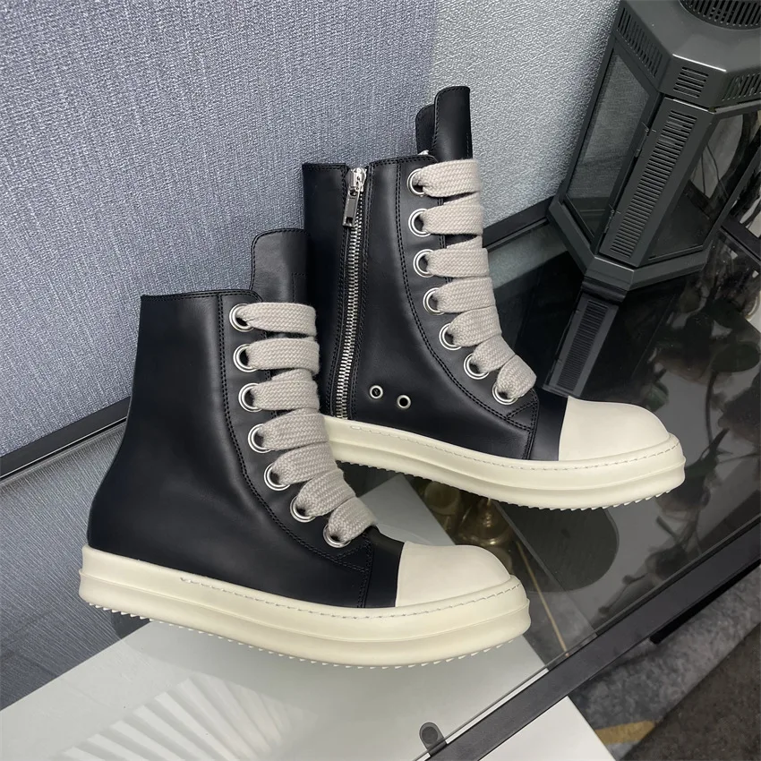 Men's High Top Shoes Casual Leather Women Platform Shoe Jumbo Lace Up Sneakers Zip Luxury Autumn Black Designer Boots