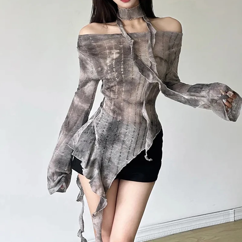 Tie Dye Vintage Slash Neck Blouse Women Chic Flutter Belt Sheer Irregular Tops Vintage Thin Long Sleeved Female Pullover