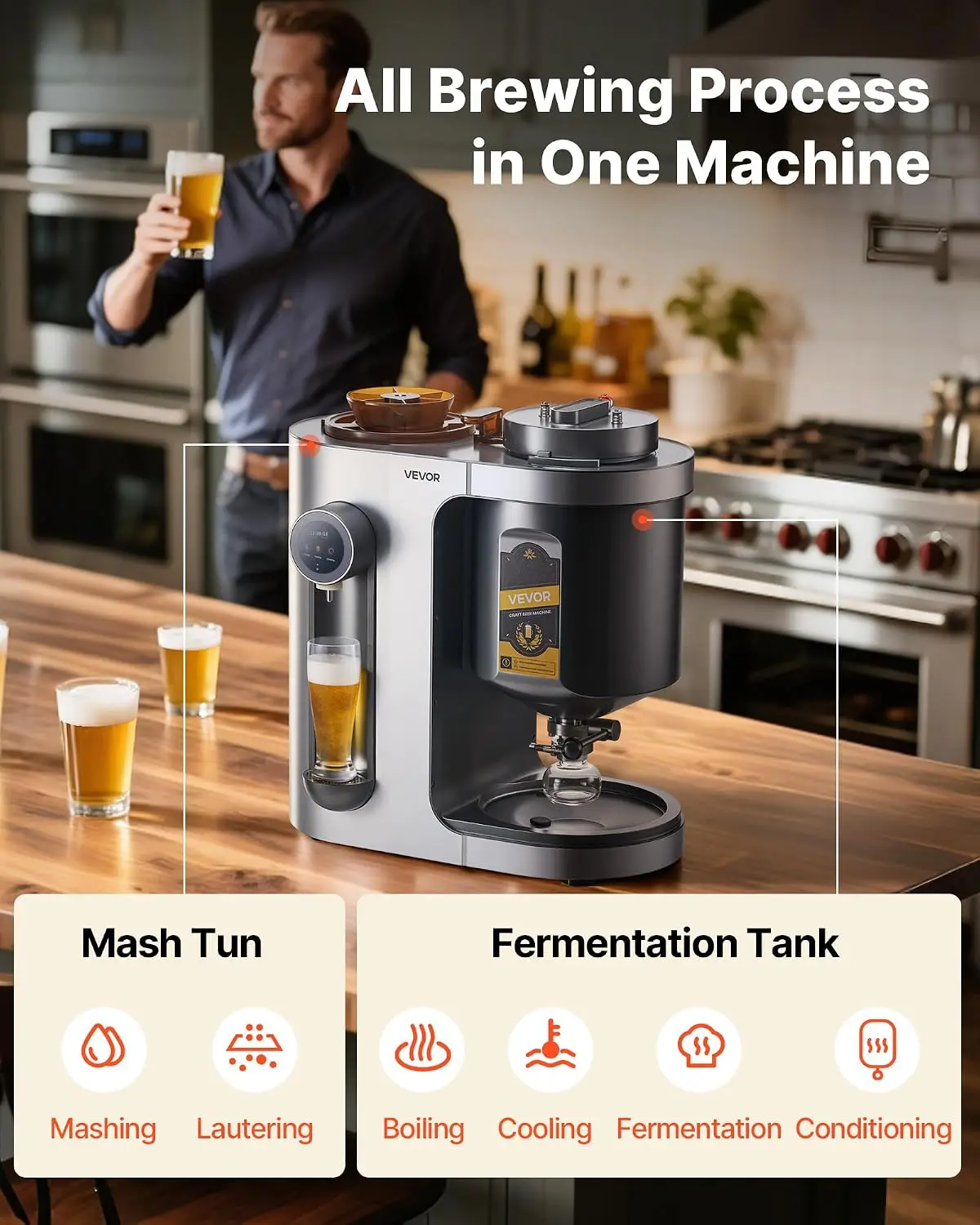 VEVOR Automatic Home Beer Brewer, 1500W Electric Beer Brewing Machine, 3.43 Gal All-in-One Home Brewer with Mash Boil Device, 30