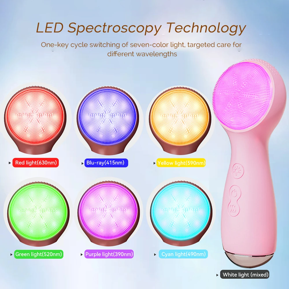 3-in-1 ultrasone gezichtsreinigingsborstel 7 kleuren LED siliconen gezichtsreiniger apparaat Trillingen Diepe poriënreiniging Peeling
