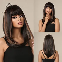 Blonde Unicorn Black Brown Wig with Bangs Synthetic Medium Long Straight Wig for Women Cosplay Daily Party Wigs Heat Resistant