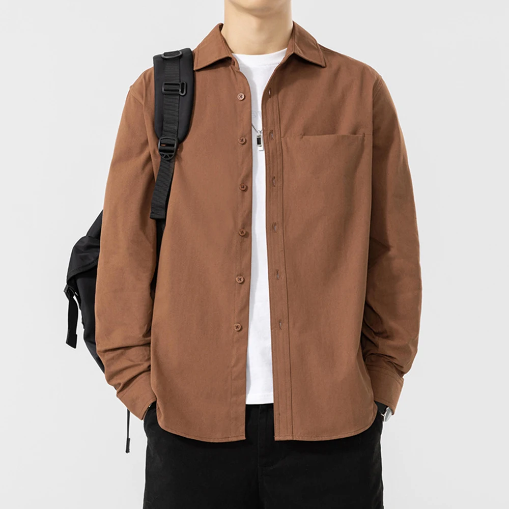 

Рубашка-карго из чистого хлопка, мужская повседневная рубашка-рубашка с длинными рукавами, однотонная осенняя однобортная мужская верхняя одежда без морщин