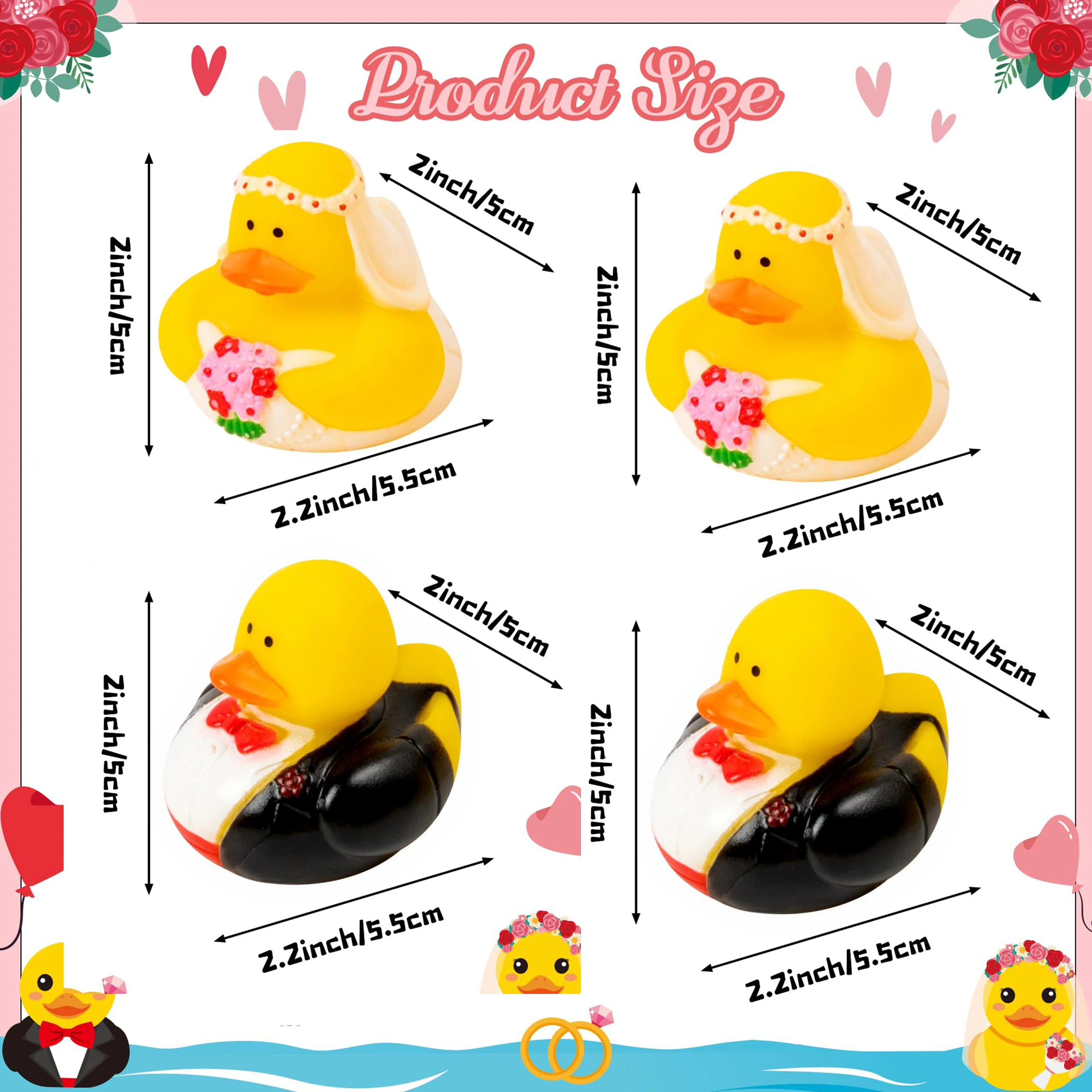 2/8/16pcs Wedding Rubber Ducks for Cruise - Just Married Cruise Duck Tags Kits Bride and Groom Duckies for Honeymoon Anniversary