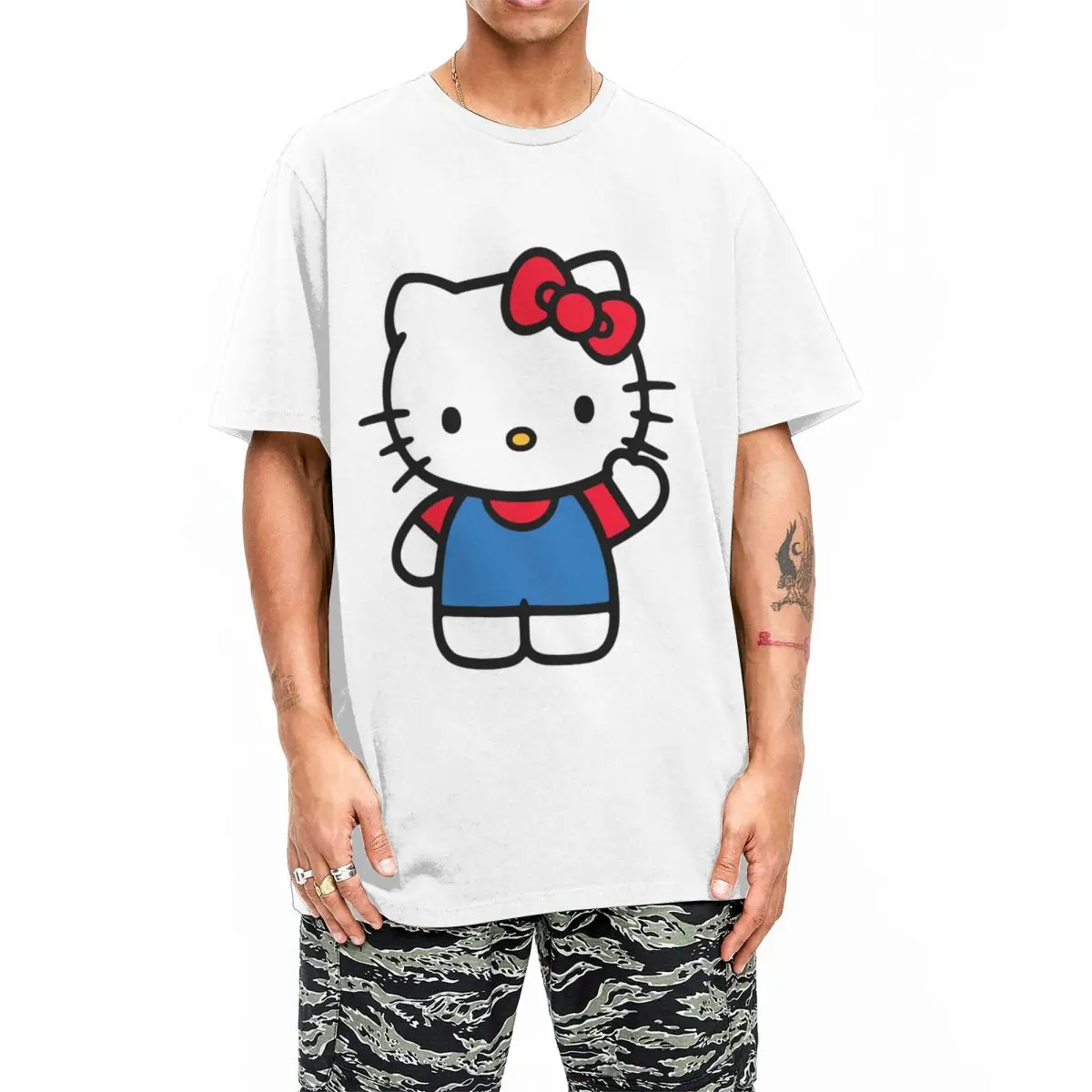 男性と女性のためのハローキティの漫画Tシャツ,綿100%,楽しい服,半袖,クルーネック,夏