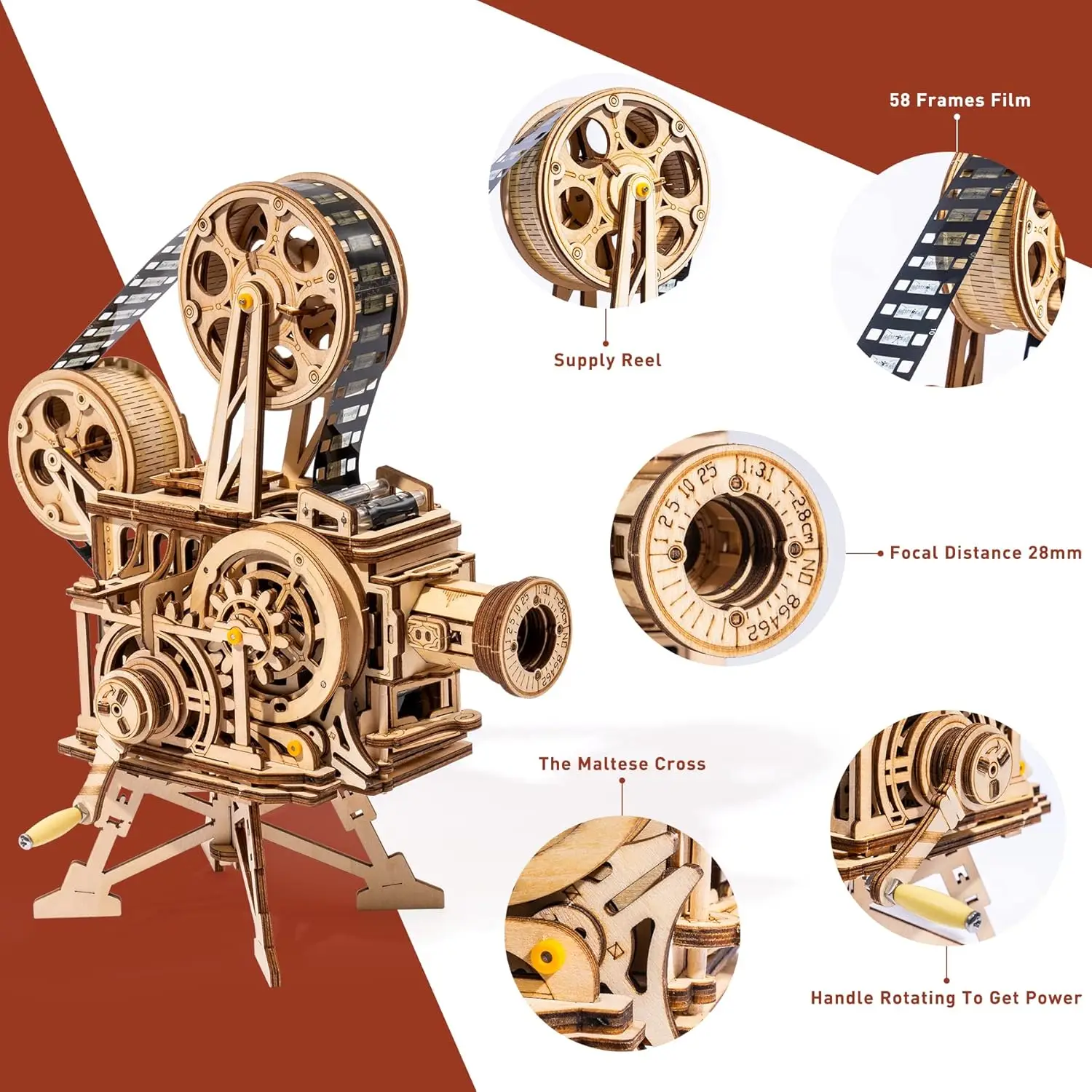 Robotime ROKR Hand Crank Projector Classic Film Vitascope 3D Wooden Puzzle Model Building Toys for Children Adult LK601