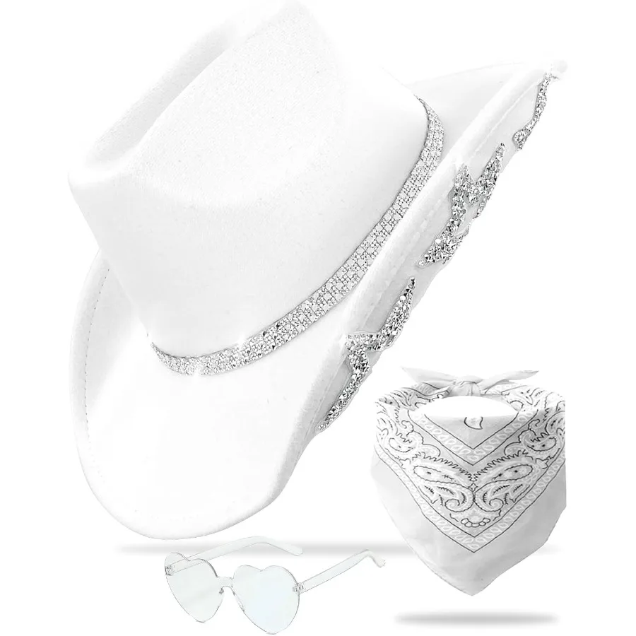 

Western Style Cowboy Hat for Women and Men with Sparkly Stars Brim and Rhinestone Belt Perfect for Rodeos Concerts and Outdoor