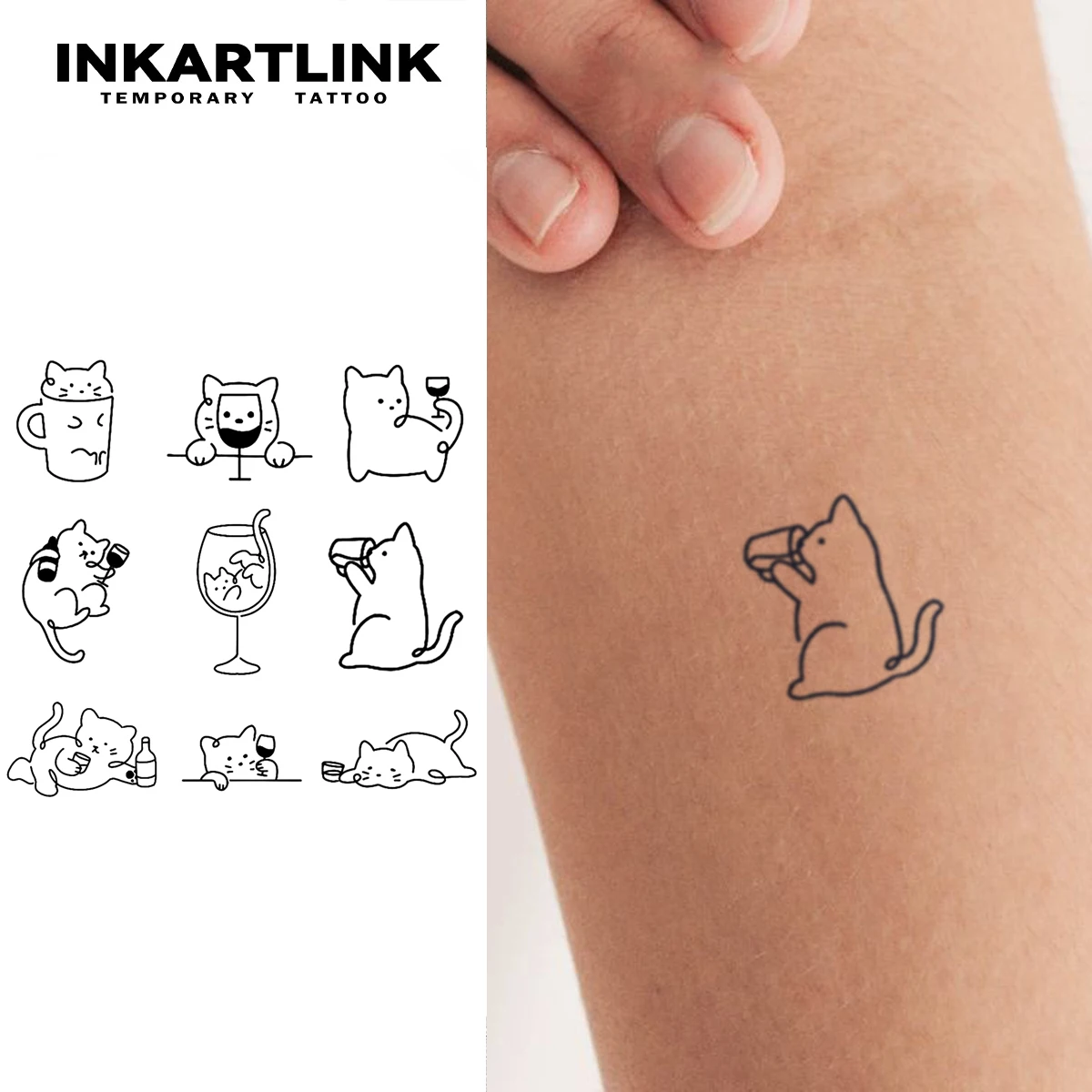 Simple cute kitten Temporary Tattoo,Lasts To 15 Days New Technology Magic Waterproof Semi Permanent Sticker.