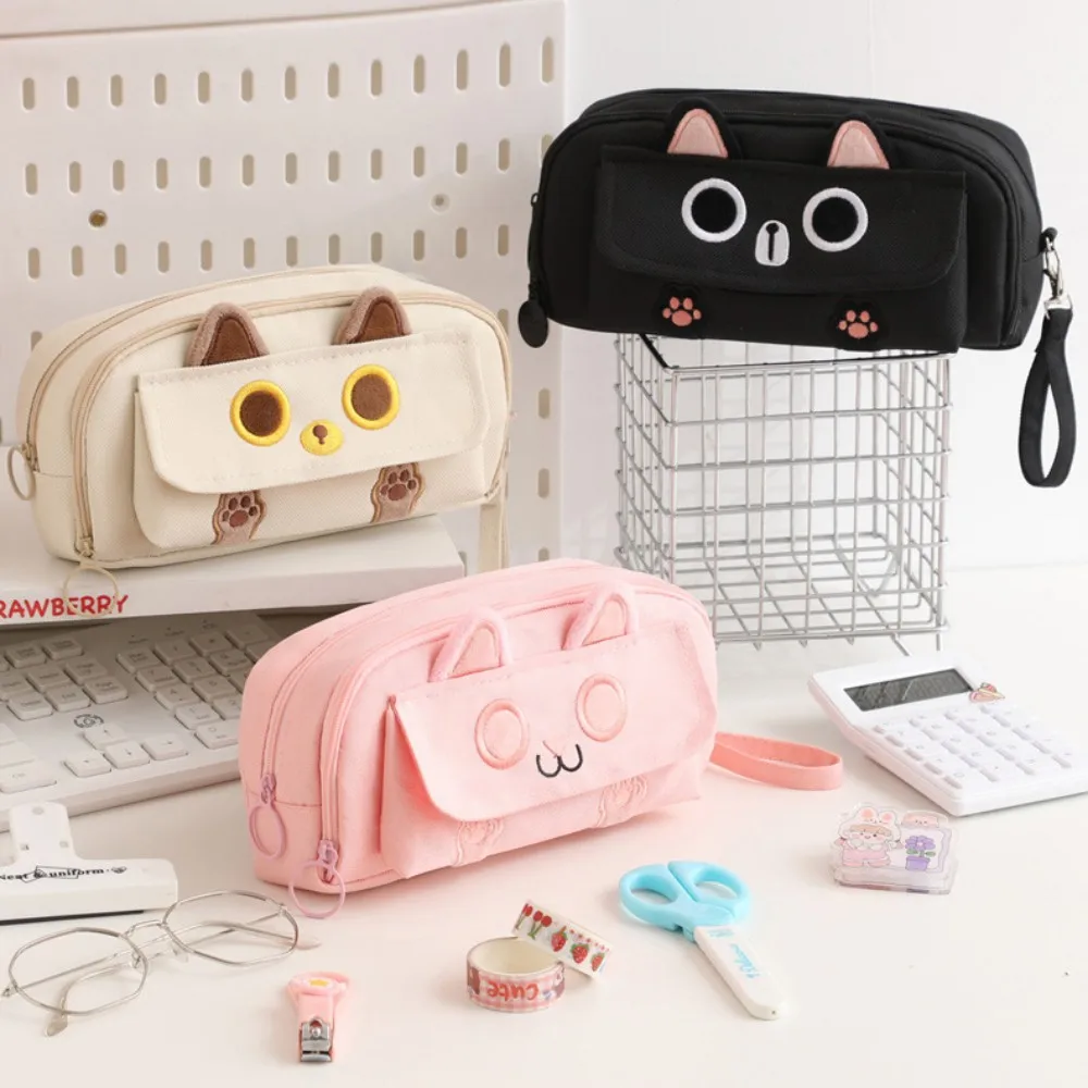 Embroidered Black Cat Pencil Case 4 Layer LargeCapacity Student Stationary Boxes Portable Pen Storage Bag Office School Supplies