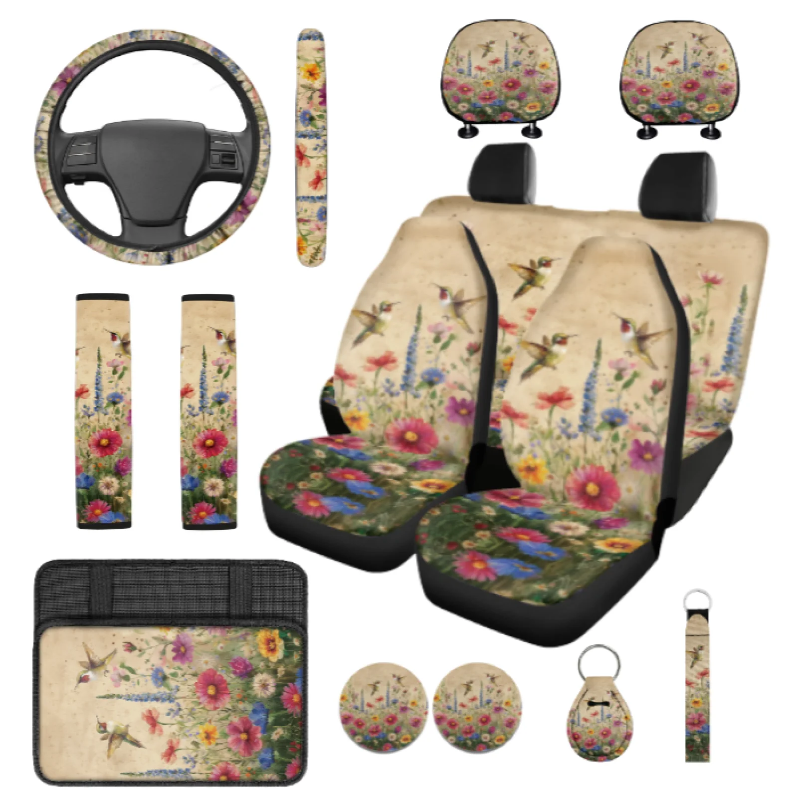 Coloranimal Lavender Floral 14 Pcs Automobile Seat Cover Sets with Breathable Steering Wheel Cover and Car Safety Belt Pad