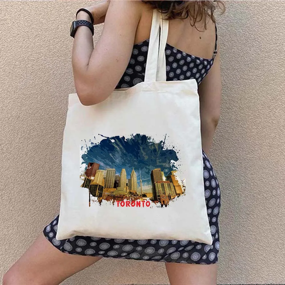 Toronto Canada Vancouver City Sights Watercolor Ink Painting Shoulder Canvas Cotton Tote Bags Reusable Harajuku Shopper Handbags