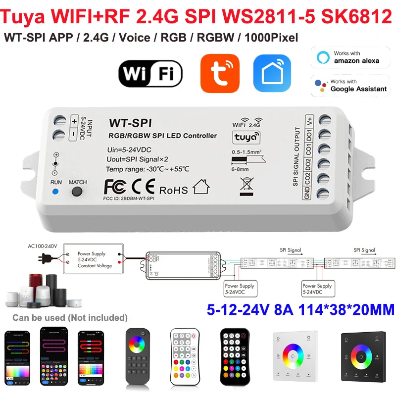 WT-SPI/WZ-SPI DC5V-24V Tuya WiFi Zigbee+RF SPI LED Controller WS2811 Ws2812 Ws2815 SK6812 RGB/RGBW LED Strip Pixel Modules Light
