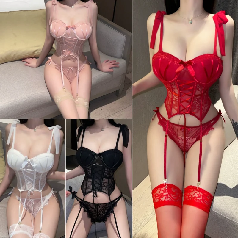 Women\'s Lace See Through  Pajamas Sexy Steel Ring Chest Pads Gathering Top Low Waist Panty 3Pcs Strap Lingerie Set with Stocking